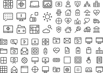A comprehensive collection of black outline icons representing various design, creative, and art tools.