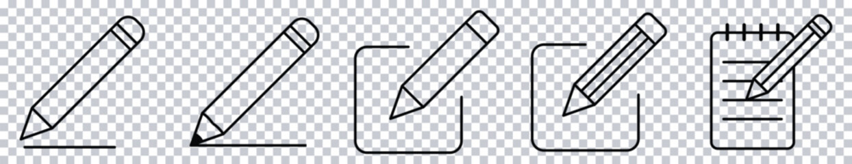 Edit and Pencil Icons Set &ndash; Line Drawing, Writing, and Note Symbols on Transparent Background.