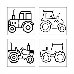 Set of tractor icons in various styles and colors representing farming and construction vehicles