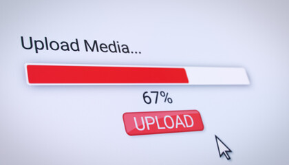 Illustration of a website with a red upload button. A computer monitor that displays the information about the downloading of data with percentages.