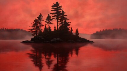 Fototapeta premium Red sunset over misty island lake.