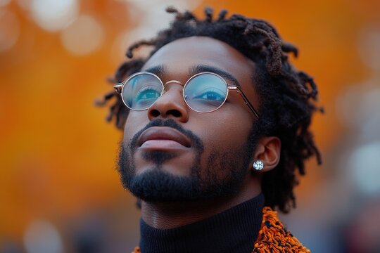 Hopeful Man with Autumn Cityscape, and Thoughtful Gaze.