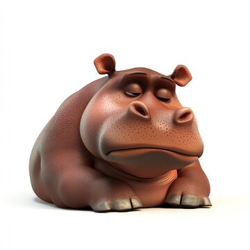 A weary hippopotamus rests, eyes closed, on a pristine white background. Its posture conveys tiredness and peaceful slumber.