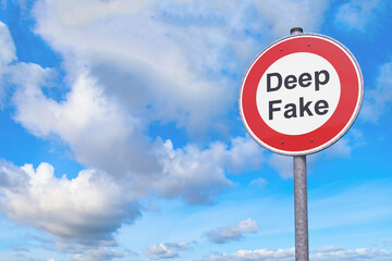 3d rendering of a prohibition  traffic sign with the message deep fake - banned symbol - in the background a blue sky with clouds.