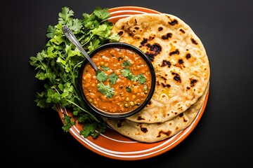 Traditional Indian Flatbreads, lentil curry bowl with Cilantro Garnish on Orange Plate