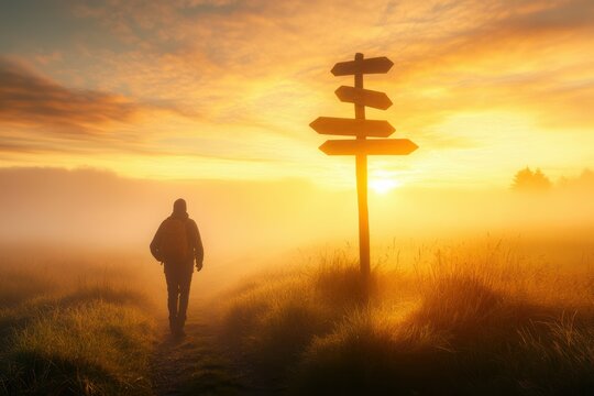 A silhouette of a traveler stands at a foggy crossroads. The weathered wooden signpost points in various directions, symbolizing choices and new adventures for the solitary wanderer.