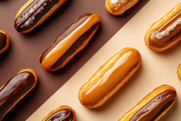 A sleek modern arrangement of eclairs forms a geometric pattern. The glossy chocolate and caramel glaze adds a touch of elegance to this delectable dessert presentation.