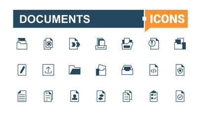 Documents icon set. Contains such icons as note, page, document, doc, paper and more. Files icon set. Outline icons pack. Editable vector outline and solid icons.