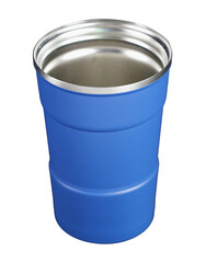 Blue reusable stainless steel for cold beverages with plastic cover outside on transparent background