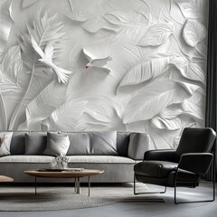 White 3D Leaf Wall Mural in Modern Living Room