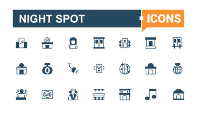Night Spot icon collection. Contain linear symbols disco, party, bar, night, alcohol, drink, entertainment and more. Nightclub icon set. Minimal icons collection. Pixel perfect. Editable vector.