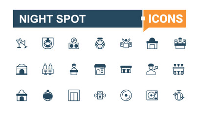 Night Spot icon collection. Contain linear symbols disco, party, bar, night, alcohol, drink, entertainment and more. Nightclub icon set. Minimal icons collection. Pixel perfect. Editable vector.