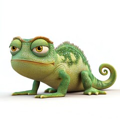 Fototapeta premium Weary Chameleon on White, a 3D Render Depicting a Tired, Cartoonish Reptile with a Whimsical, Slightly Sad Expression. The Creature Rests on a Plain Background