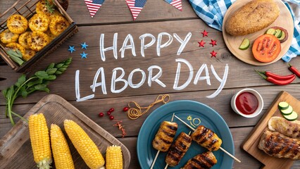 Happy Labor Day Feast on Rustic Wooden Tabletop.