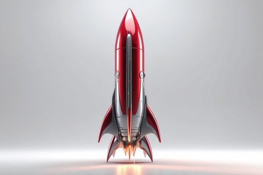 Red retro rocket launching against white background.