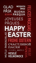 Vertical illustration of Happy Easter message in different languages - keywords cloud with white and red text on dark background - vacation concept.