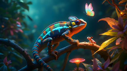 A vibrantly colored chameleon rests on a glowing, enchanted branch in a mystical forest. A luminous butterfly flutters nearby, casting an ethereal glow, while tiny mushrooms sprout around the branch.
