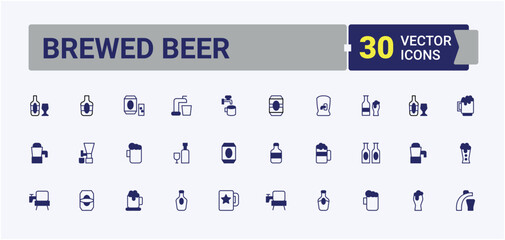Brewed Beer icon set. Includes symbols for brewing, alcohol, drink, brewery, bar, brewer and more. Craft Beer icon collection. Icons for UI design. Solid line editable stroke. Vector collection.