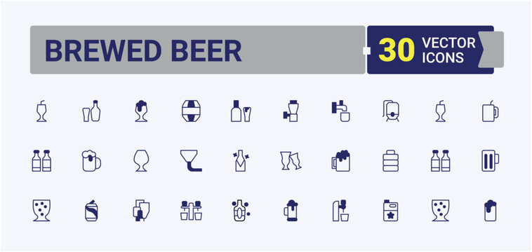 Brewed Beer icon set. Includes symbols for brewing, alcohol, drink, brewery, bar, brewer and more. Craft Beer icon collection. Icons for UI design. Solid line editable stroke. Vector collection.