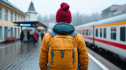Obraz premium traveler in yellow backpack waits at train station on rainy day, feeling excited