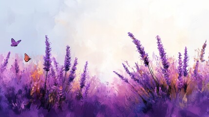 Naklejka premium Lavender field with butterflies in a dreamy, colorful landscape. Illustration pastel minimal mockup blank frame Lavender Festival - serene lavender field with soft purple flowers