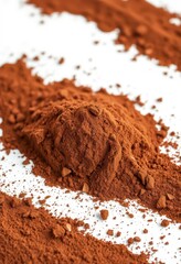 A rich mound of unsweetened cocoa powder, isolated on a pure white background, cacao, product shot