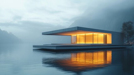 Fototapeta premium Modern architectural design showcasing a sleek pavilion on a serene lake during twilight hours with soft ambient light reflections
