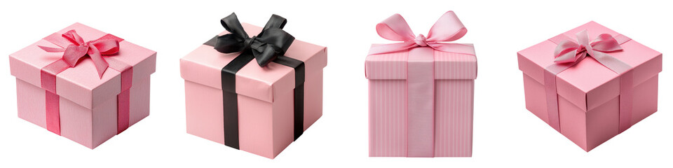 Obraz premium An assortment of several pink gift boxes in various sizes each adorned with decorative bows and ribbons in black and pink colors creating a visually appealing and festive display