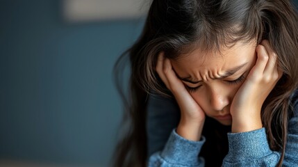 Young girl frowning and holding her head, alone against a blurred background.