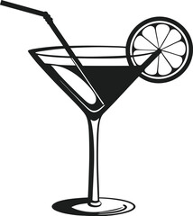 Cocktail Glass Silhouette Vector – Elegant Drink Icon with Straw and Citrus Slice for Bar and Party Designs