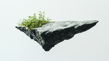A striking photograph of a small, triangular landmass suspended in the air, its base tapering into jagged edges while the top remains flat and covered in a thin layer of vibrant greenery