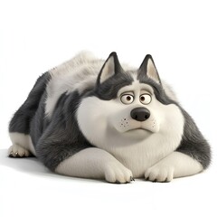 Fototapeta premium Plump Cartoon Husky Rests on White Background, a Sweet and Gentle Canine Companion