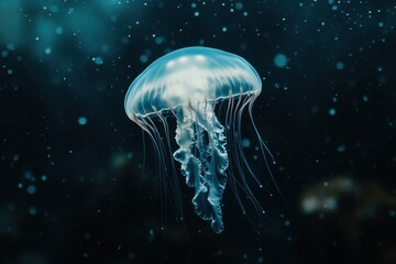 Fototapeta premium A beautiful jellyfish floating in a dark ocean, glowing and shimmering under bioluminescent light, surrounded by small water particles that glow blue. The background is a deep sea.