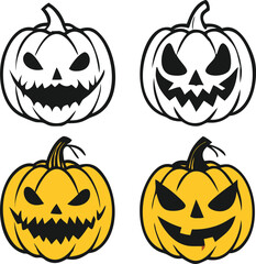 This set of six simple black and white Halloween pumpkin icons features various spooky jack-o'-lantern faces.