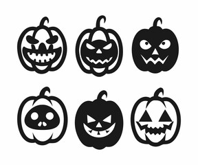 Obraz premium This set of six simple black and white Halloween pumpkin icons features various spooky jack-o'-lantern faces.
