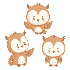 Cute Owl bird set. Isolated wise kawaii character. Vector illustration. Kids collection