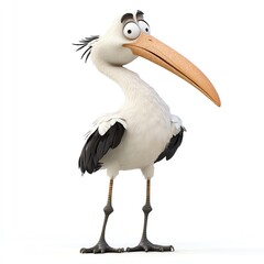 Fototapeta premium A whimsical cartoon stork stands against a pure white background, its expressive eyes conveying a sense of gentle weariness.