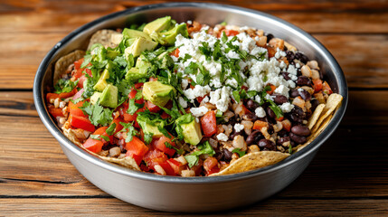 vibrant vegetarian nacho platter featuring black beans, fresh avocado, and colorful toppings