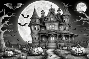 Spooky haunted house, pumpkins, bats, full moon, Halloween night.