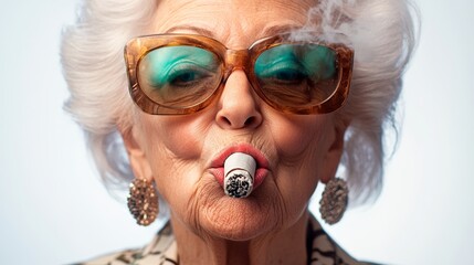 Woman in sunglasses is smoking a cigarette. Concept of humor and playfulness, as the woman is dressed in a more youthful and carefree manner than one would expect from an older person