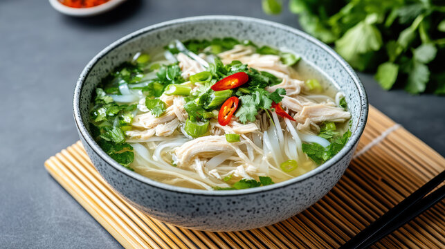 vibrant bowl of chicken pho with fresh herbs and spices, perfect for comforting meal
