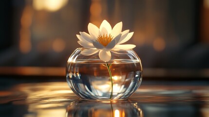 Beautiful lotus flower in water bowl captures serene tranquility at sunset in a calming indoor setting