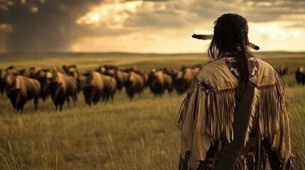 An Indigenous person observes a herd of bison on the plains