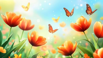 Orange Tulips And Butterflies In A Sunny Meadow