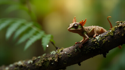 A vibrantly colored chameleon rests on a glowing, enchanted branch in a mystical forest. A luminous butterfly flutters nearby, casting an ethereal glow, while tiny mushrooms sprout around the branch.