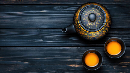 Elegant minimalist luxury tea set with golden accents on dark wooden table for stylish home decor and sophisticated gatherings