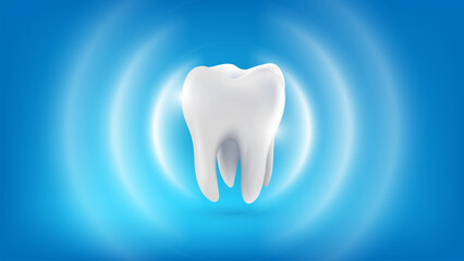 3D realistic vector healthy glowing tooth. Dental care, protection and whitening. Dental care, taking care of teeth. Dental servises. Dentistry, Orthodontic concept. 3D Tooth with shine backgroud