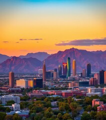 Obraz premium Iconic Phoenix skyline at sunset, showcasing mountains and city buildings, panorama, incredible