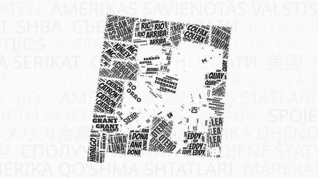 New Mexico intro animation. State with counties illustration video. Background with state names in various languages. Counties of New Mexico animation. Creative video.