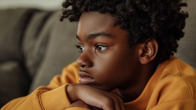 This image shows a young male looking contemplative while sitting on a couch with his hands folded. He's wearing a yellow sweatshirt and has short hair.